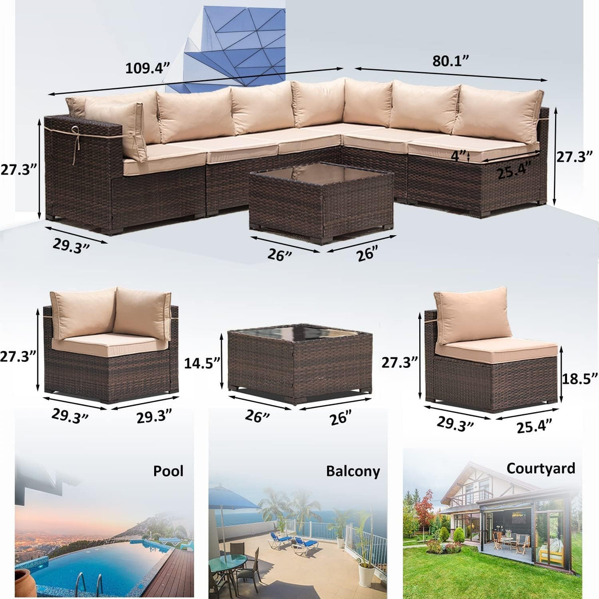 7 Pieces Outdoor Patio Furniture Sets,Wicker Conversation Set Sectional Sofa,Includes 6 All-Weather High Back PE Rattan Seating Components w/Thickened Cushions&Coffee Table,Sand