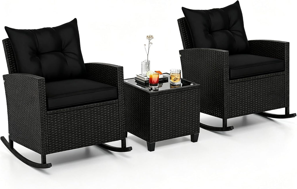 ORALNER 3 Pieces Patio Rocking Chair, Black Wicker Bistro Set (Black)