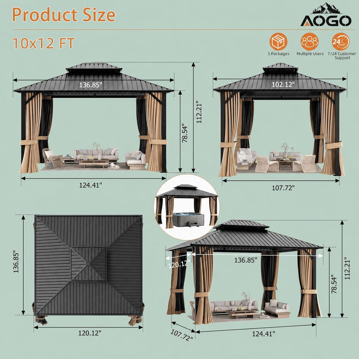 Gazebo Outdoor Gazebos, Hardtop Grill Gazebo Aluminum Galvanized Steel Double Roof Outdoor Gazebos, Pergola Include Curtain and Netting for Backyard, Patio, Lawn