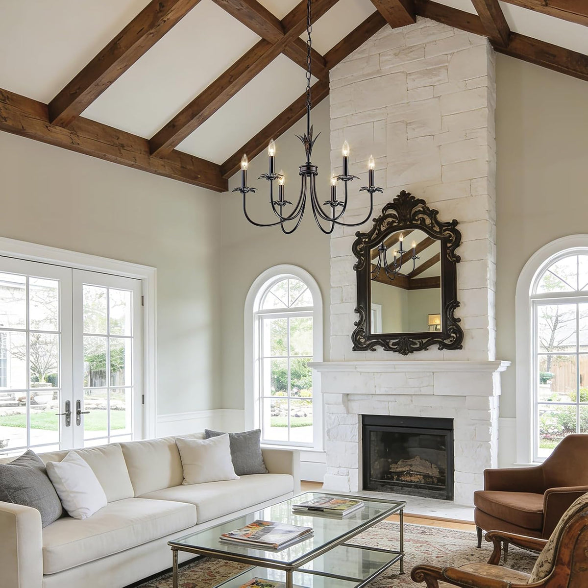 6-Light Flower Black Chandeliers for Dining Room, 26" Farmhouse Chandelier