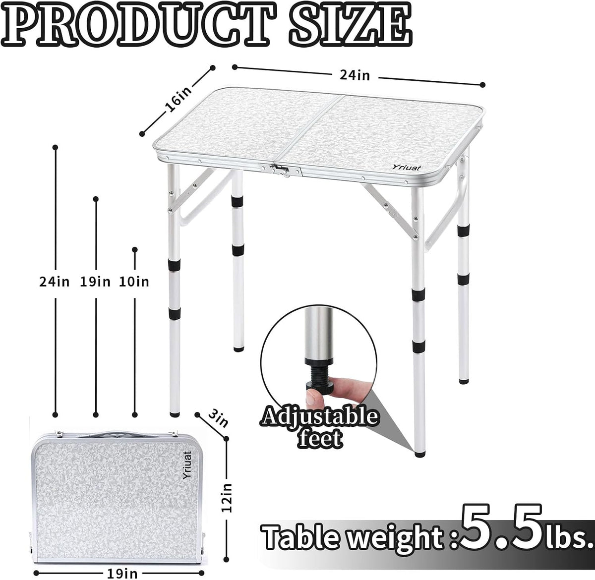 Folding Camping Table, Adjustable Height Portable Picnic Table, 24"x 16"