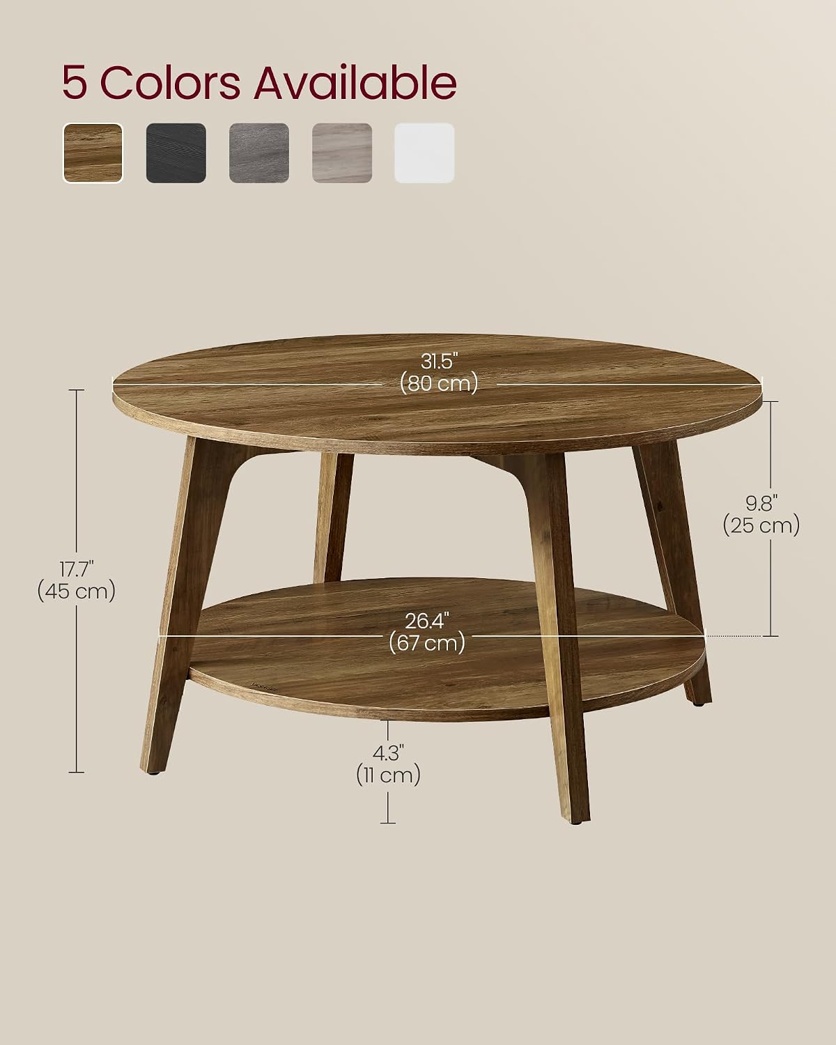 VASAGLE Round Coffee Table, 2-Tier Center Table with Storage, Tapered Legs