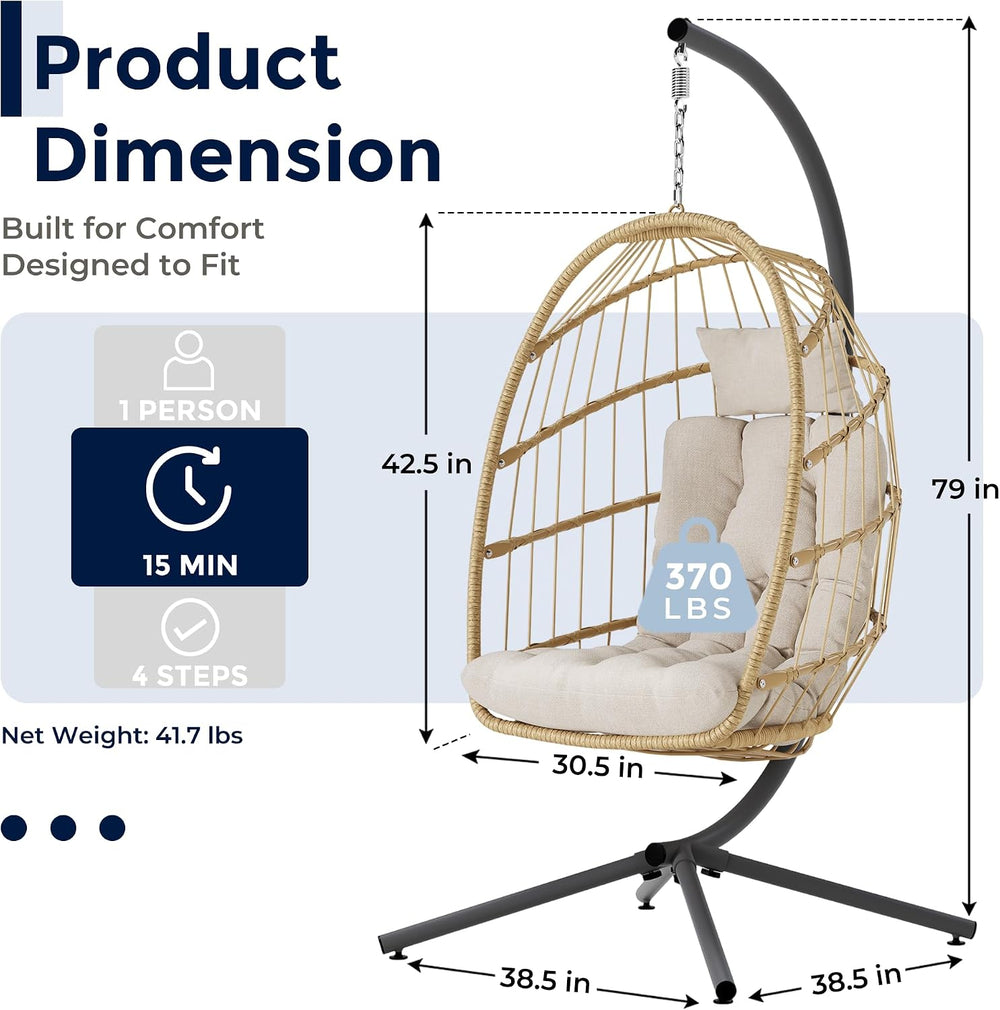 SWITTE Egg Chair Outdoor with Stand, Indoor Wicker Hanging Egg Swing, Cream