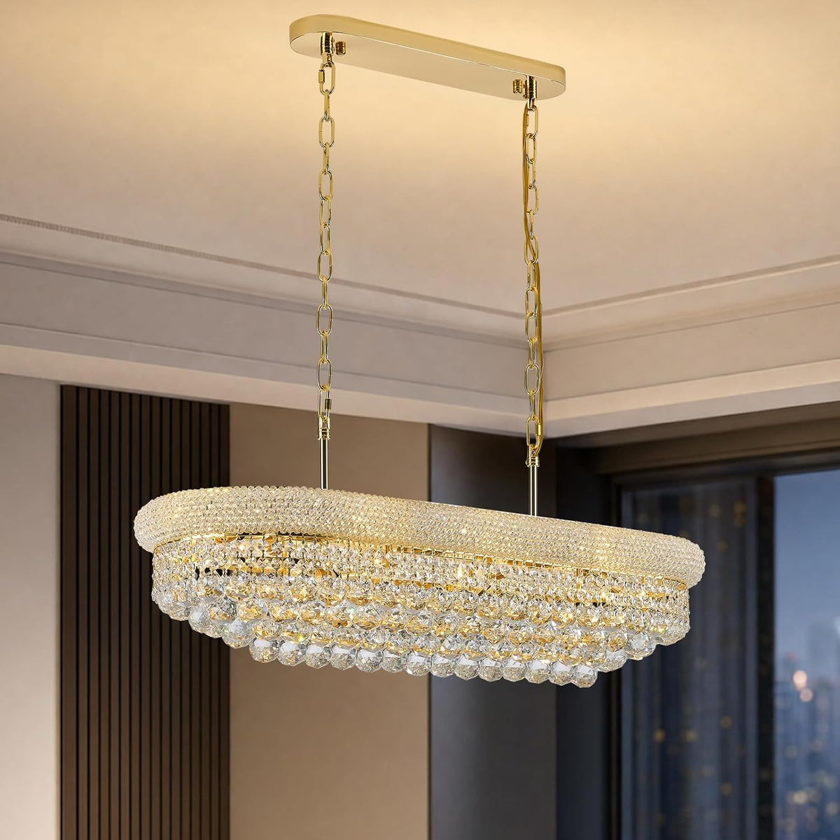 Rectangle Crystal Chandeliers for Dining Room, L36 inch Rectangular Oval Light for Kitchen Island (Gold)
