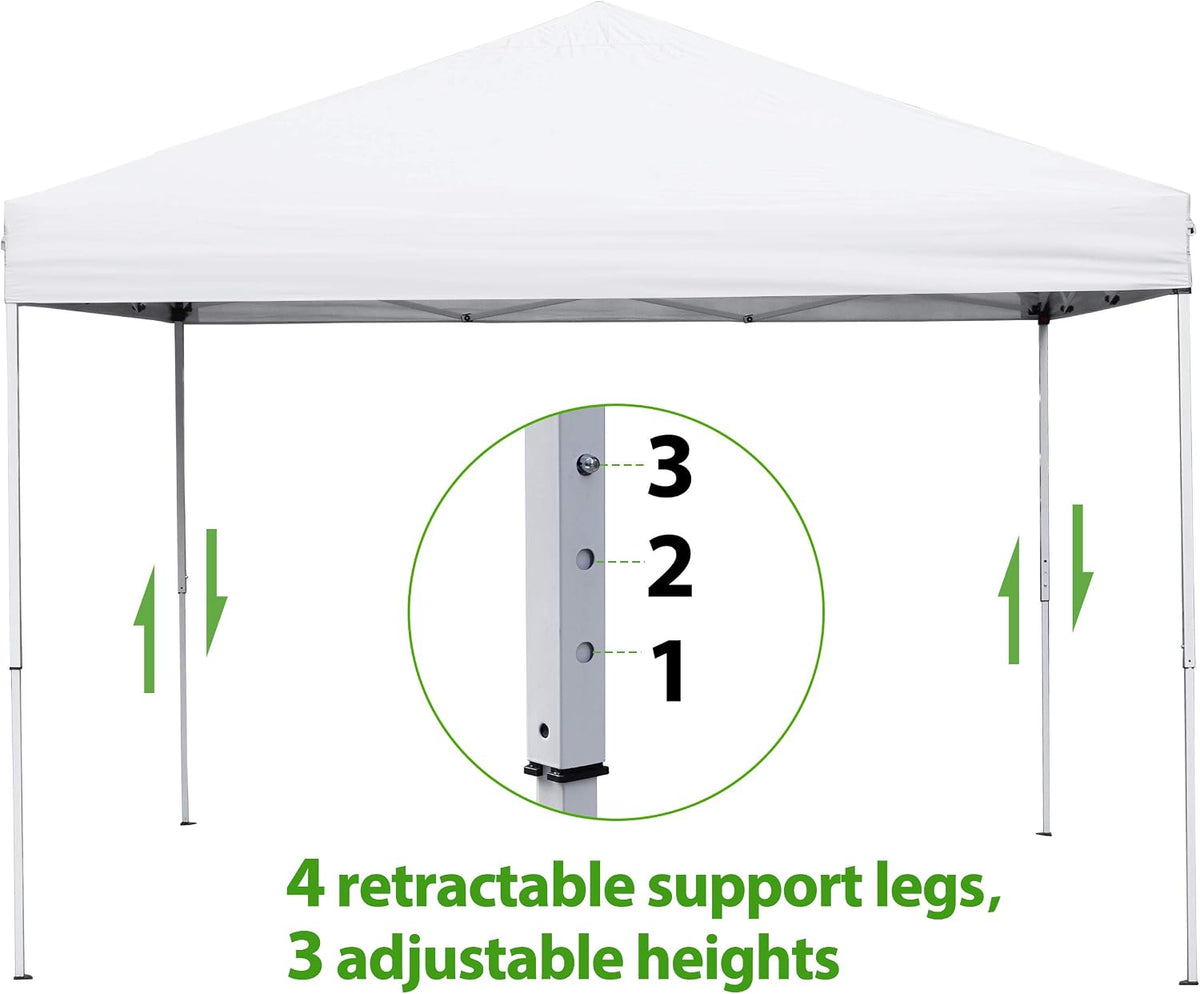 10 x 10 FT Pop Up Canopy Tent - Instant Outdoor Canopy with Wheeled Carry Bag, 4 Ropes, Straight Legs, Stakes,Height Adjustable Outdoor Tent Sun Protection Beach Shelter, White