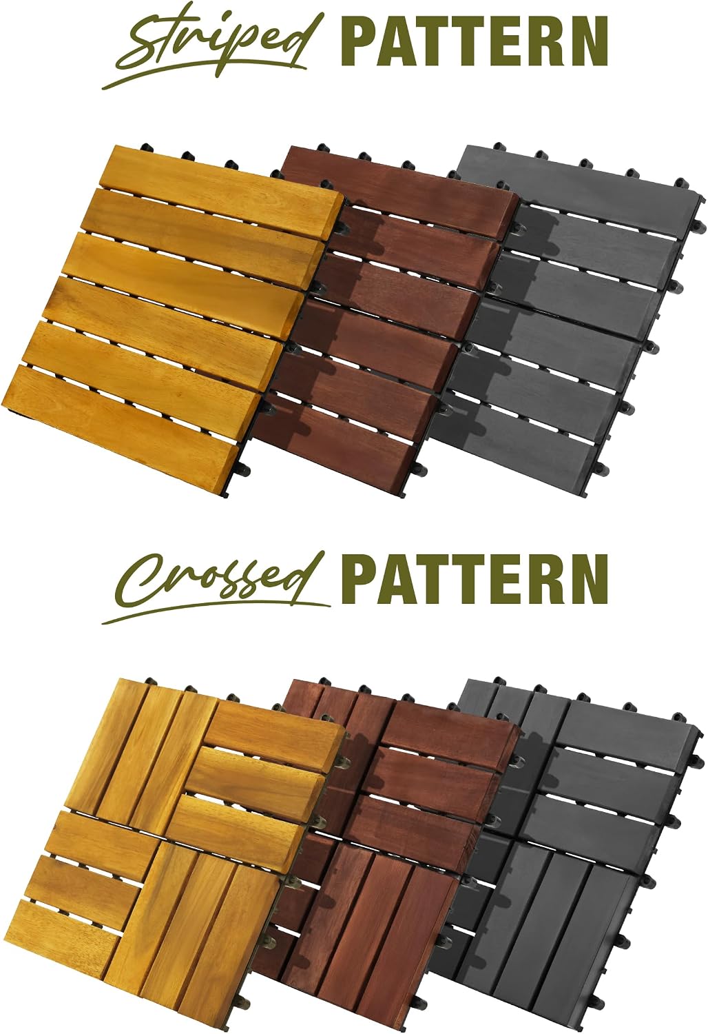Acacia Wood Interlocking Deck Tiles, Patio & Backyard Tile, 12 in, 9 PCS