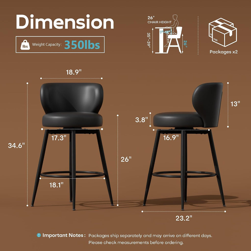 26" Black Bar Stools Set of 4, Swivel Kitchen Island Chairs