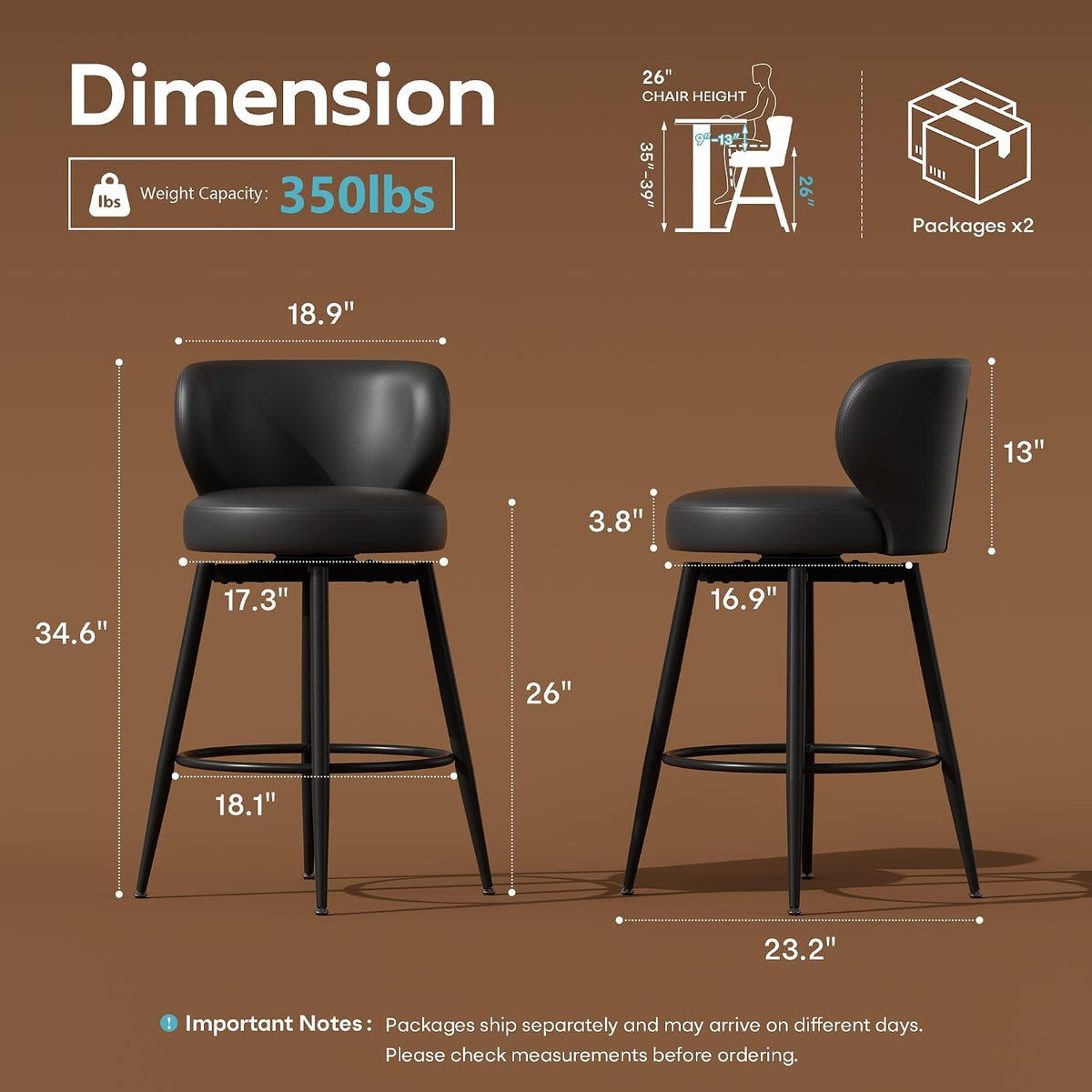 26" Black Bar Stools Set of 4, Swivel Kitchen Island Chairs