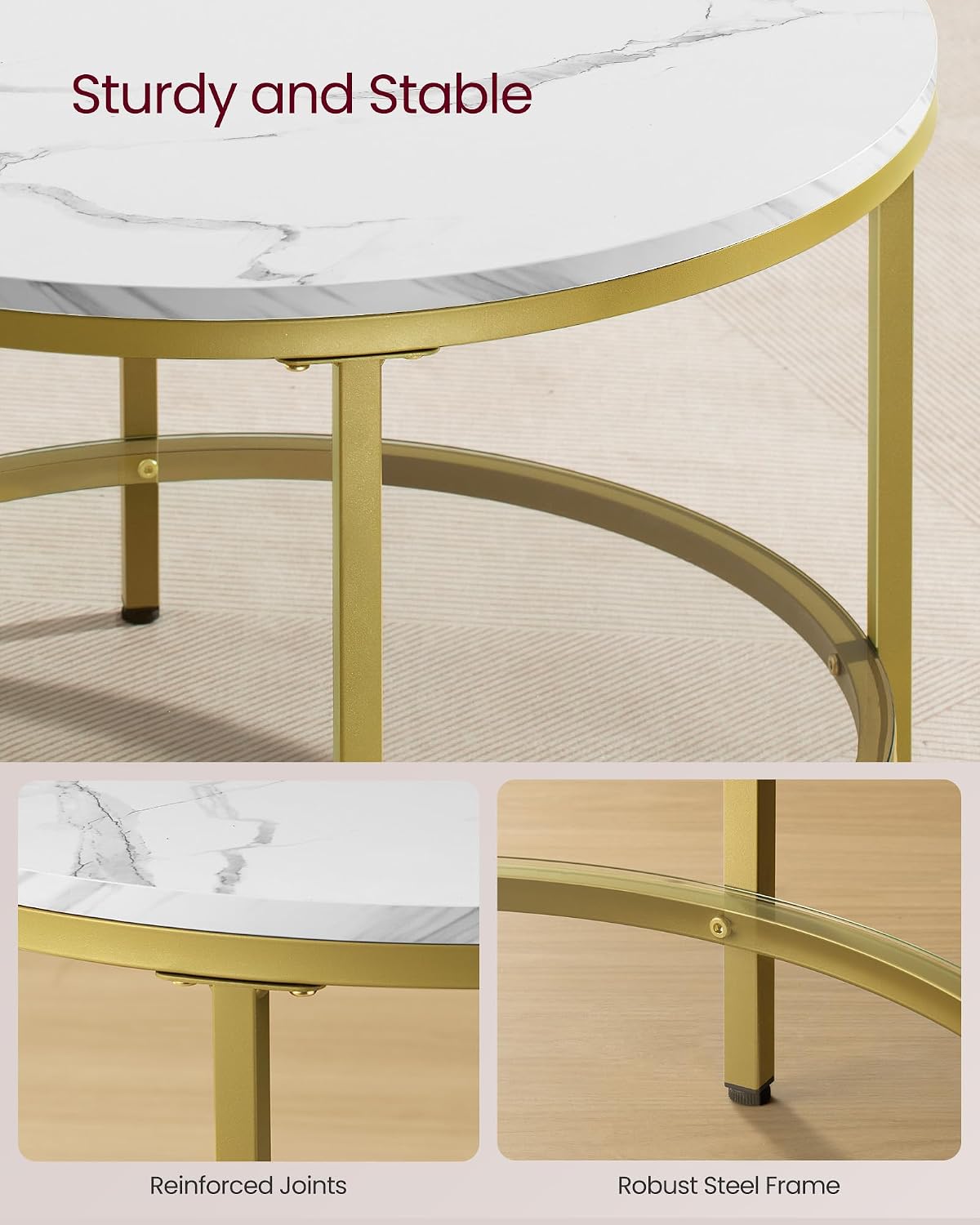 VASAGLE Round Coffee Table, 2-Tier, Faux Marble Top, Glass Storage Shelf