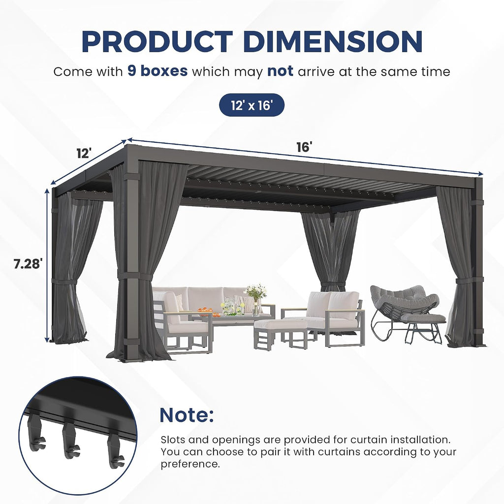 12' x 16' Pergola with Adjustable Louvered Roof and Aluminum Frame
