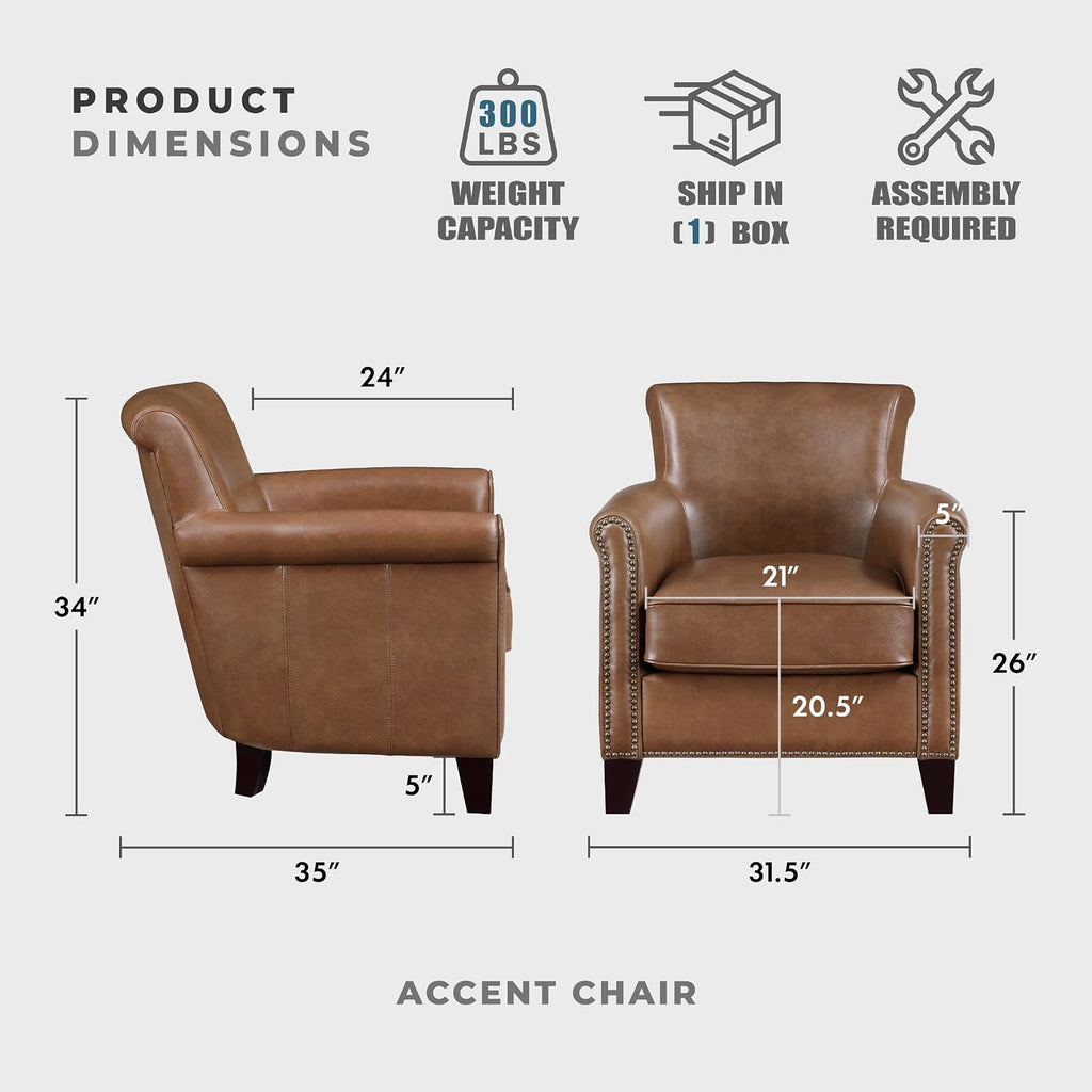 Lexicon Top Grain Genuine Leather Chair, Rolled Armrest, Brown