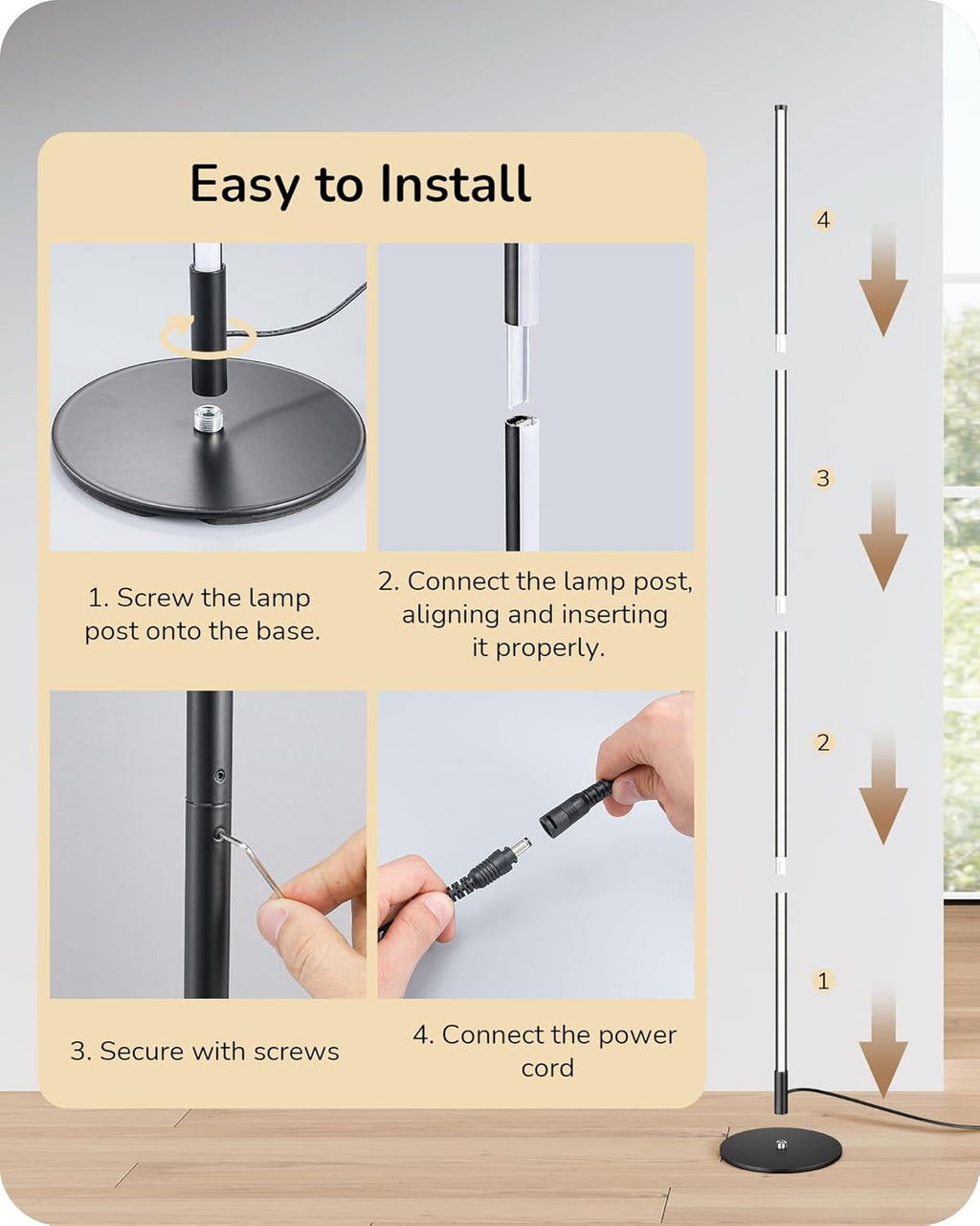 EDISHINE 59.8" Floor Lamp with Remote & 3 Height Settings, Dimmable & 3CCT