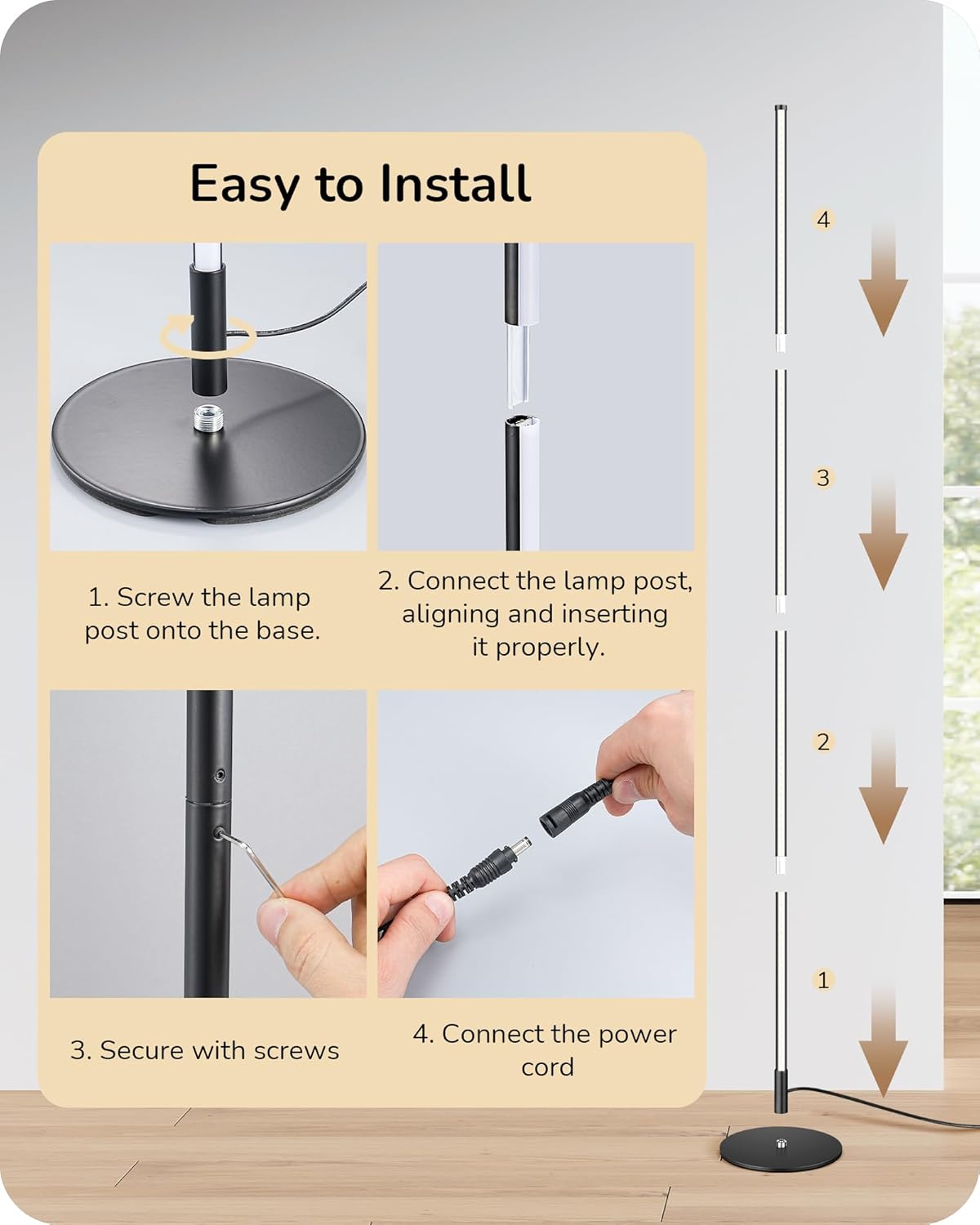 EDISHINE 59.8" Floor Lamp with Remote & 3 Height Settings, Dimmable & 3CCT