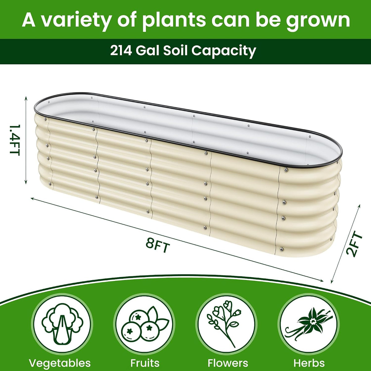 Raised Garden Beds 8 X 2 X 1.4Ft, Galvanized Raised Garden Beds Outdoor Planter Box for Vegetables, Gardening, Flowers, Fruits etc (Ivory)