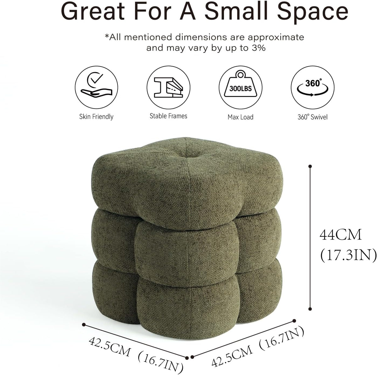 Get Set Style 360° Swivel Flower Ottoman, Linen Vanity Stool Footrest with 300LBS Capacity, No Assembly Small Space Accent Chair for Living Room Bedroom Entryway (Olive Green)