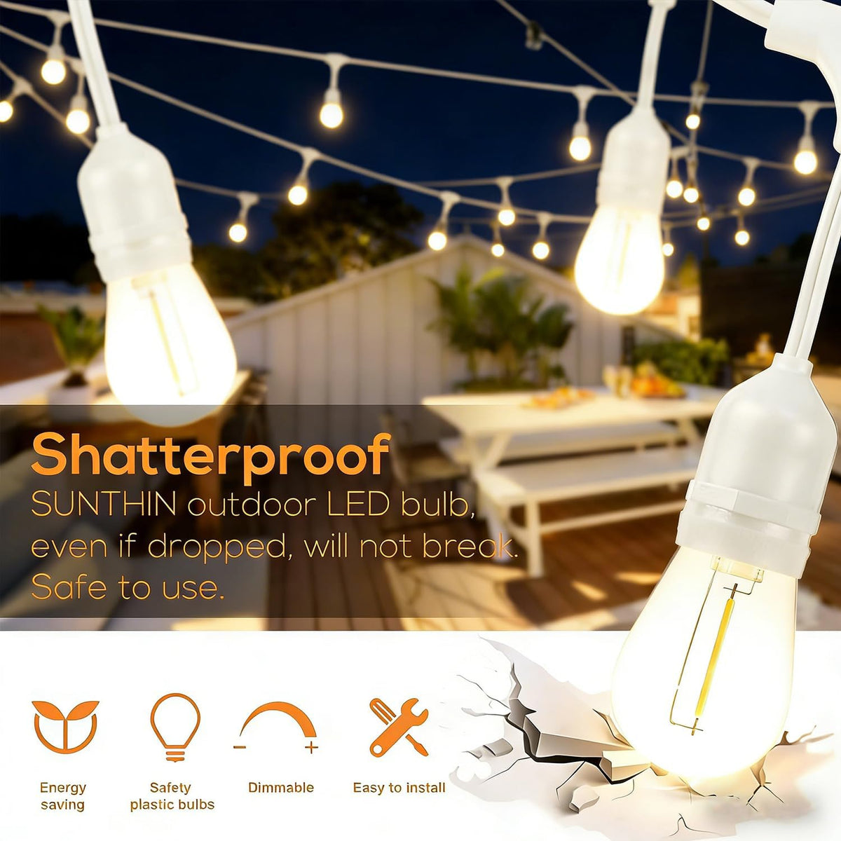 SUNTHIN 105FT White Outdoor String Lights, 34 1W LED Bulbs