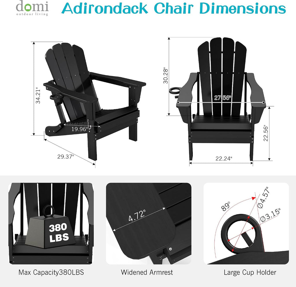 Domi Folding Adirondack Chair Set of 4, HDPE All-Weather Adirondack Chairs with Cup Holder, Outdoor Plastic Fire Pit Chairs Wood Texture for Poolside, Patio, Backyard, Deck (Black)