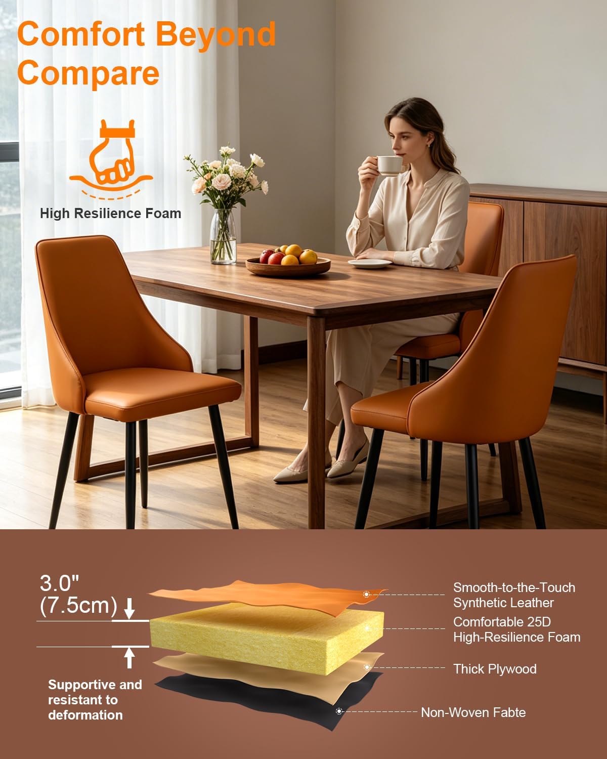Mid-Century Modern Dining Chairs, Set of 2 Orange Leather Upholstered High Back Farmhouse Kitchen Chairs with Sturdy Metal Legs Ergonomic Curved Backrest Accent Chair for Kitchen Living Room/Kitchen