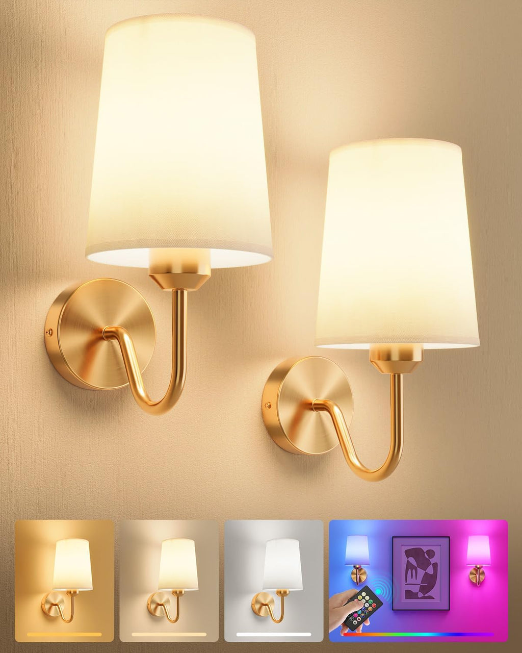 Battery Operated Wall Sconces Set of 2, Remote Control, RGB Bulb, Gold