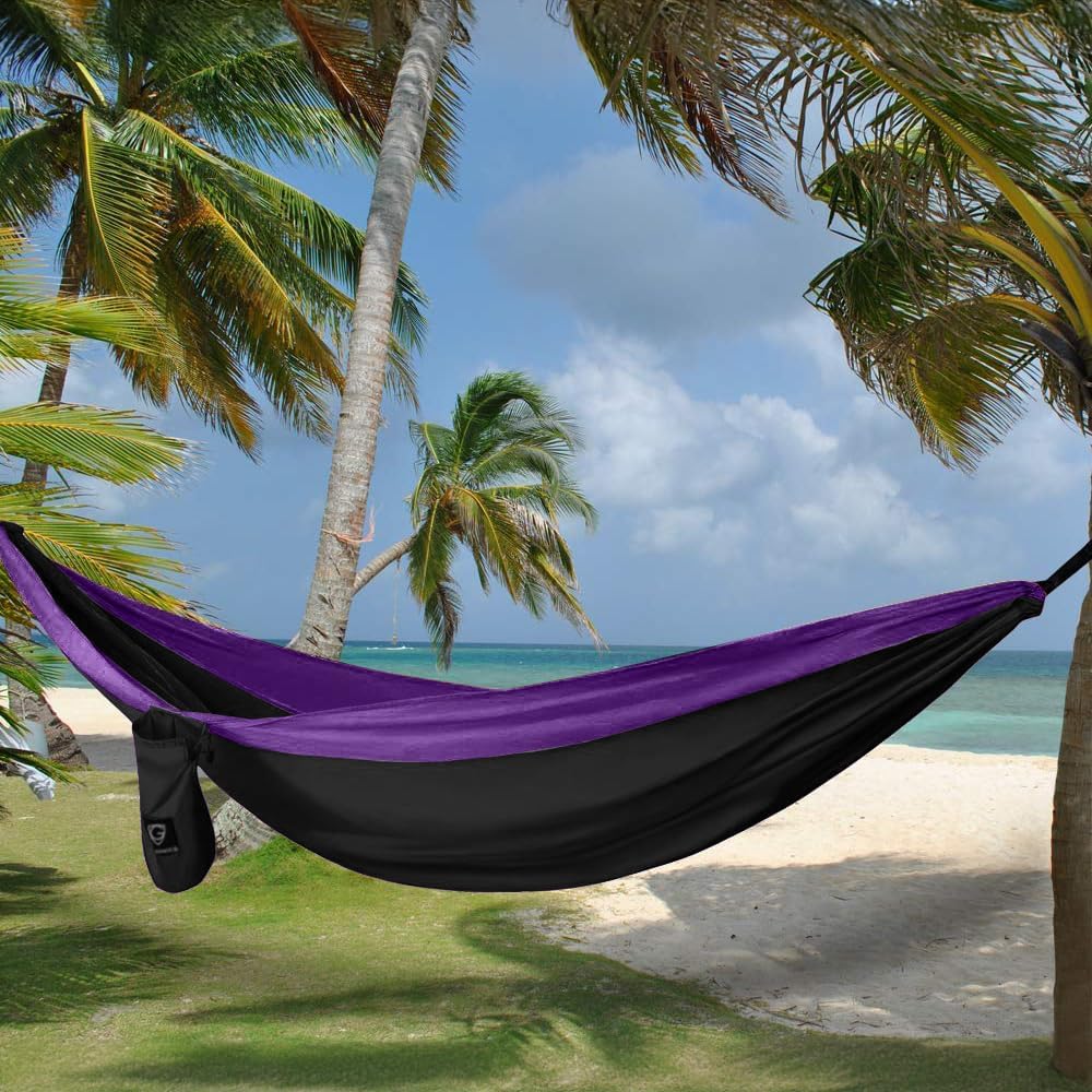 Gold Armour Camping Hammock - XL Double Hammock Portable Hammock Camping Accessories Gear for Outdoor Indoor with Tree Straps, USA Based Brand (Black and Purple)