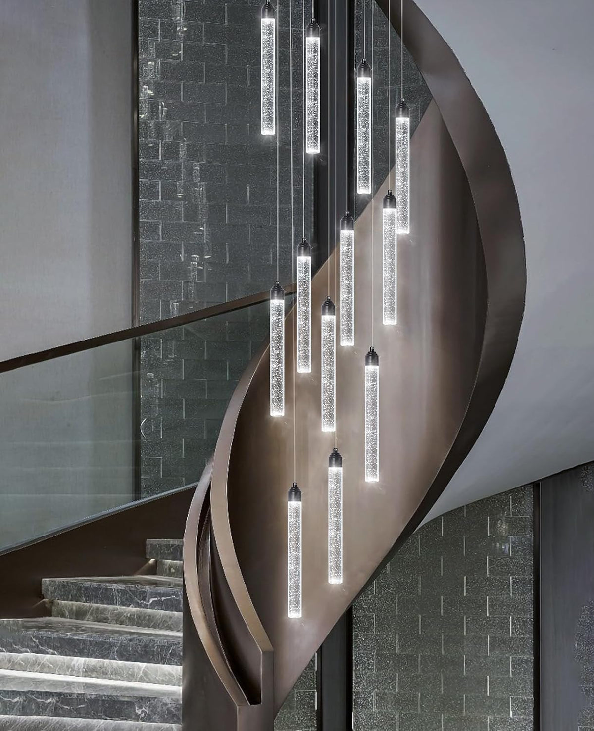 12-Lights Modern Chandeliers for Entryway High Ceiling Chandelier LED Dimmable Long Lights Fixture Pendants Lighting Crystal Chandeliers for Hallway Foyer Living Room Black Finished Lighting