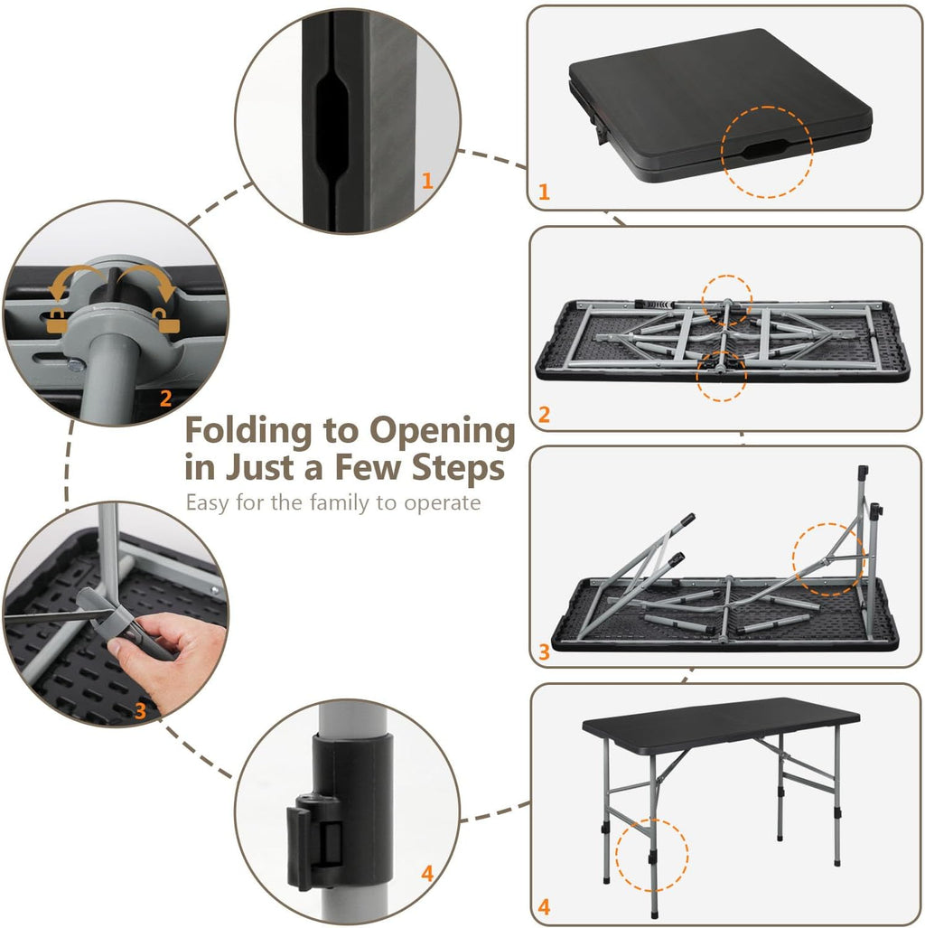 OS MOTOR 4ft Folding Table with Carry Handle, 48 Inch, Black
