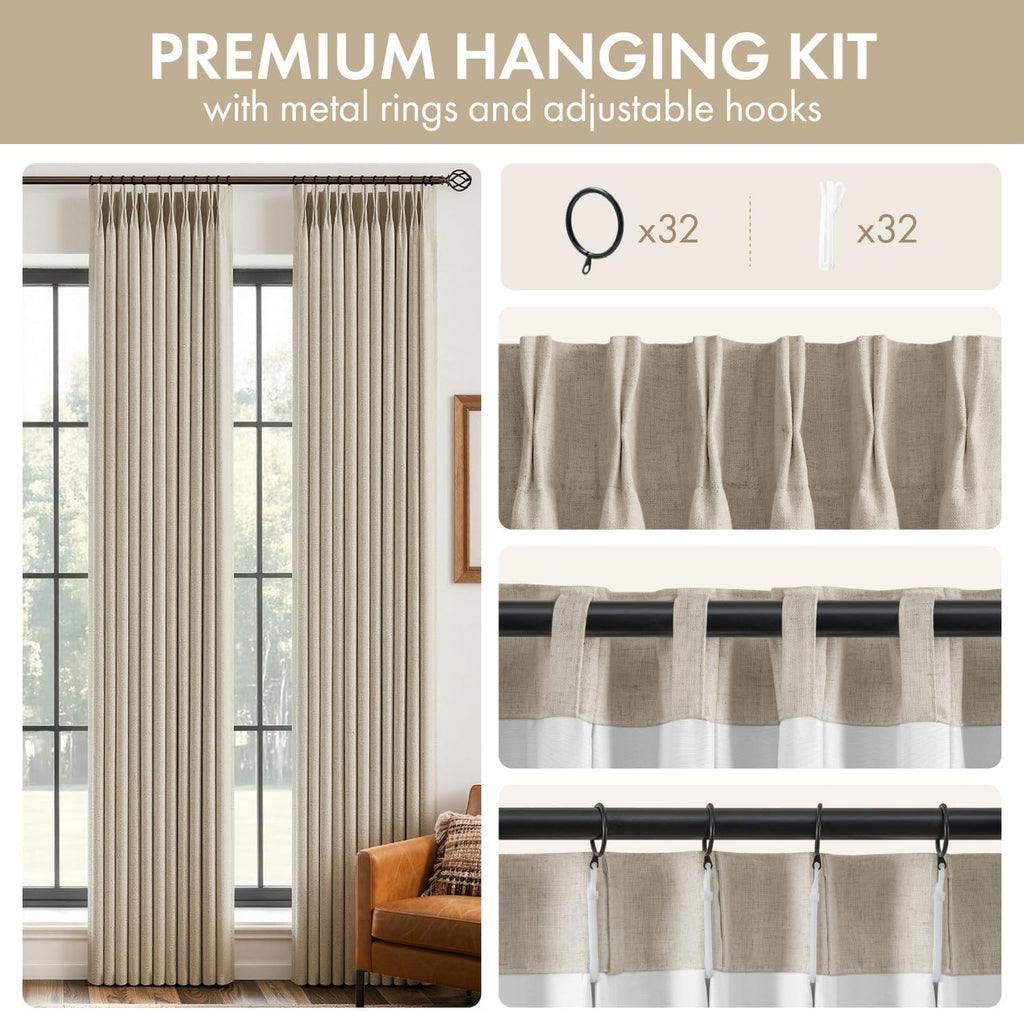 MIULEE 4 Panels Pinch Pleated 100% Blackout Linen Curtains 40"x90" Sand