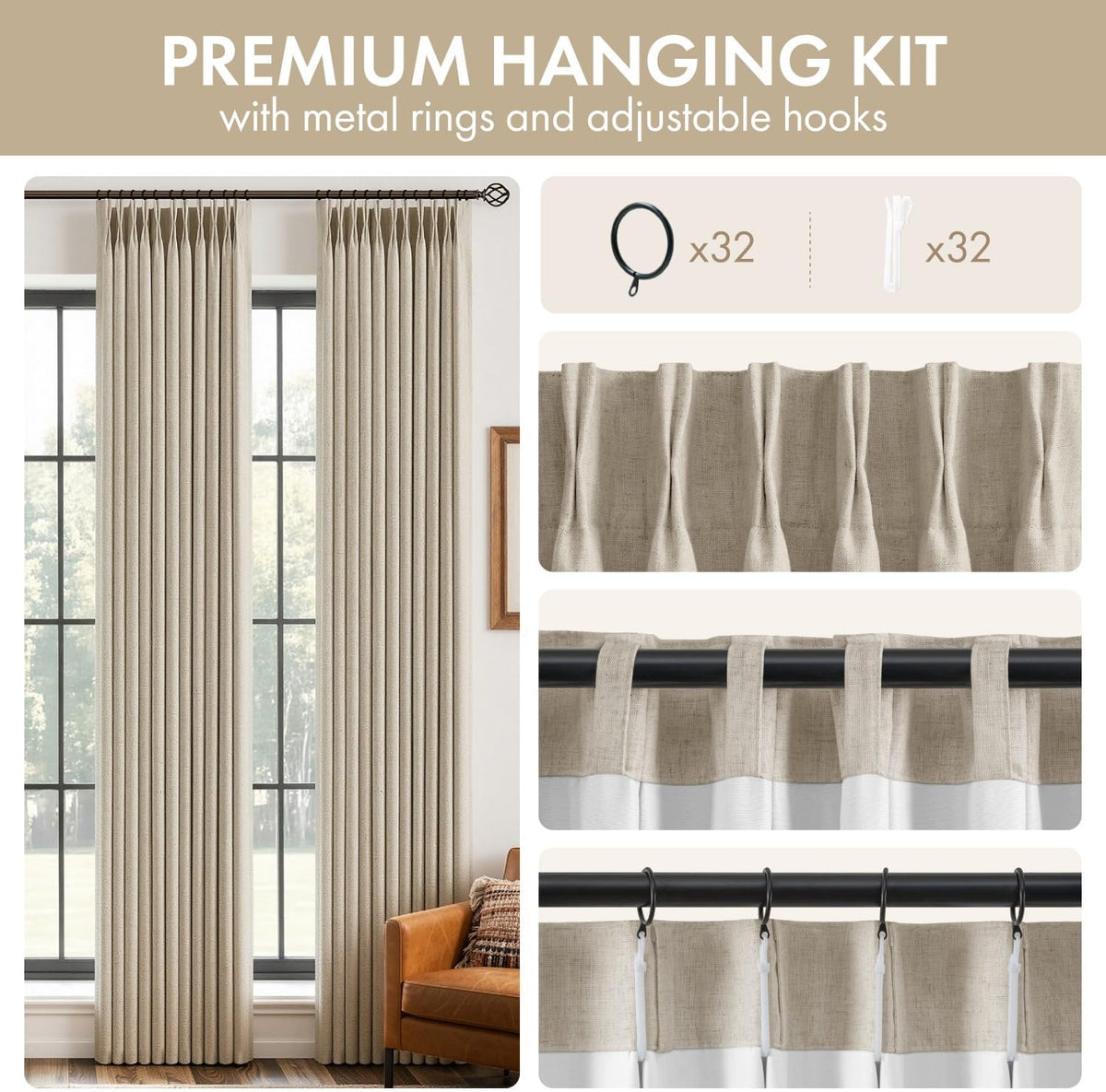 MIULEE 4 Panels Pinch Pleated 100% Blackout Linen Curtains 40"x90" Sand