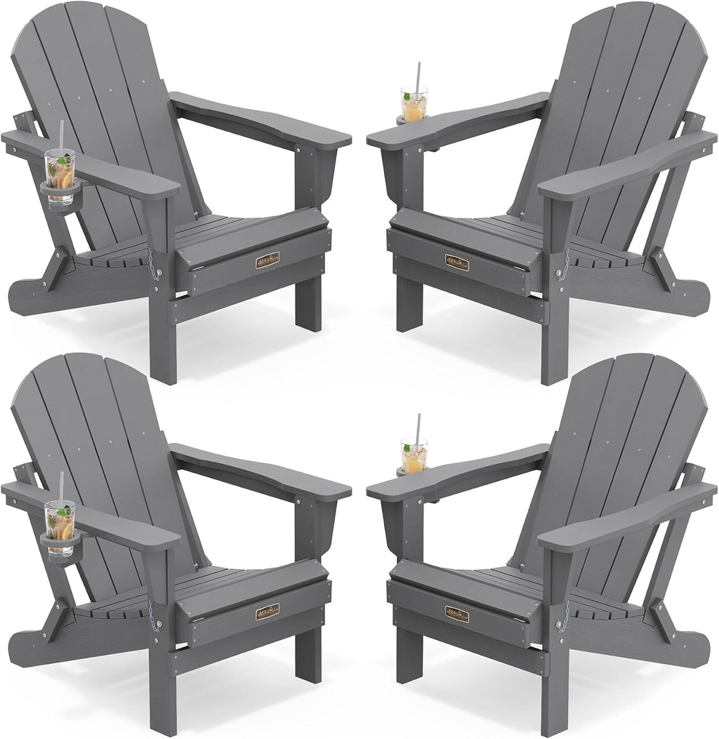 SERWALL Folding Adirondack Chair with Cup Holder Set of 4, Fire Pit - Gray