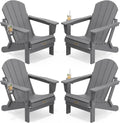 SERWALL Folding Adirondack Chair with Cup Holder Set of 4, Fire Pit - Gray