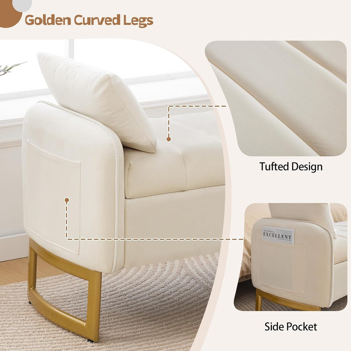 End of Bed Storage Bench, 51'' Storage Ottoman Benches for Bedroom, Cream