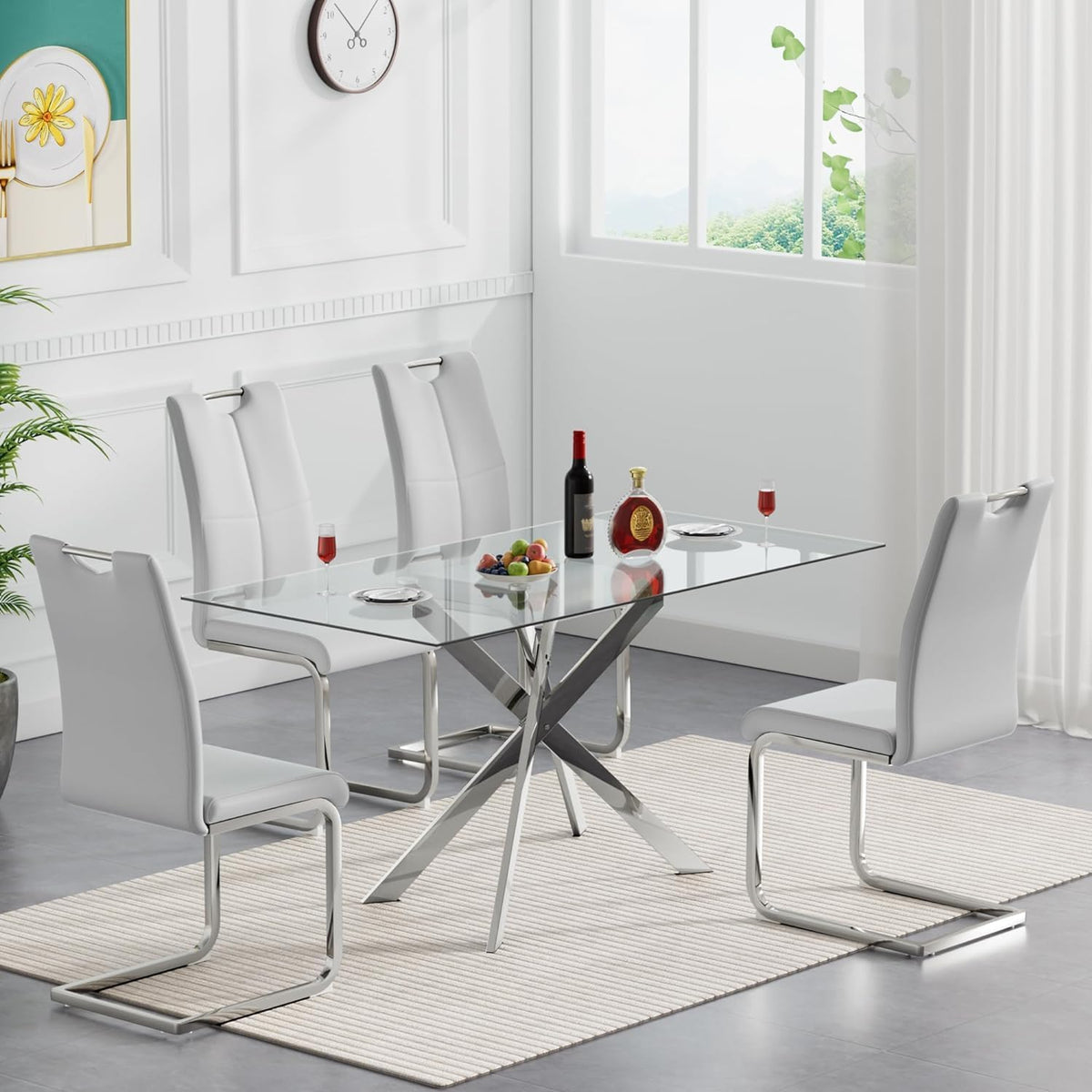 5 Piece Modern Dining Table Set of 4, 51" Tempered Glass Rectangle Dining Tables and 4 Leather Gray Dining Chairs, 51 inch Kitchen Tables with Silver Metal Base, Large Dining Table Set