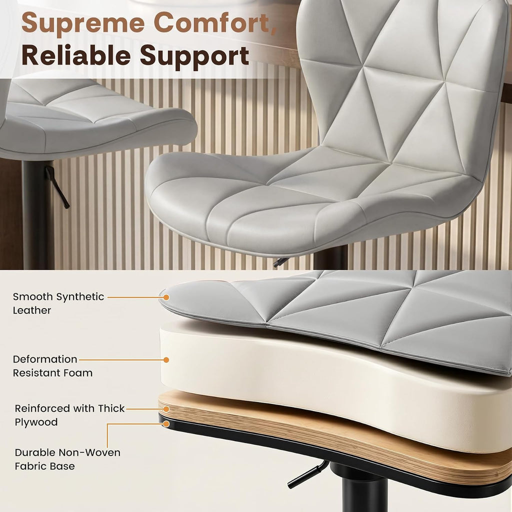 Nebuaegis Bar Stools Set of 2, Modern Faux Leather Adjustable Swivel Barstools, Counter Height Chairs with Back and Footrest for Kitchen Island, Light Grey