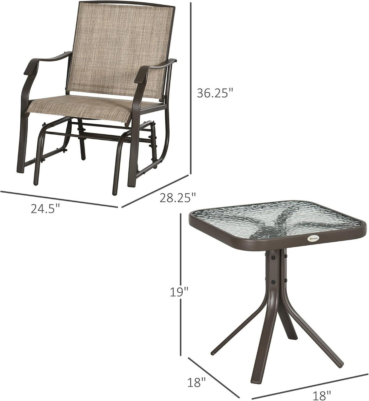 Outsunny 3 Piece Outdoor Glider Chair Coffee Table Bistro Set Mixed Brown