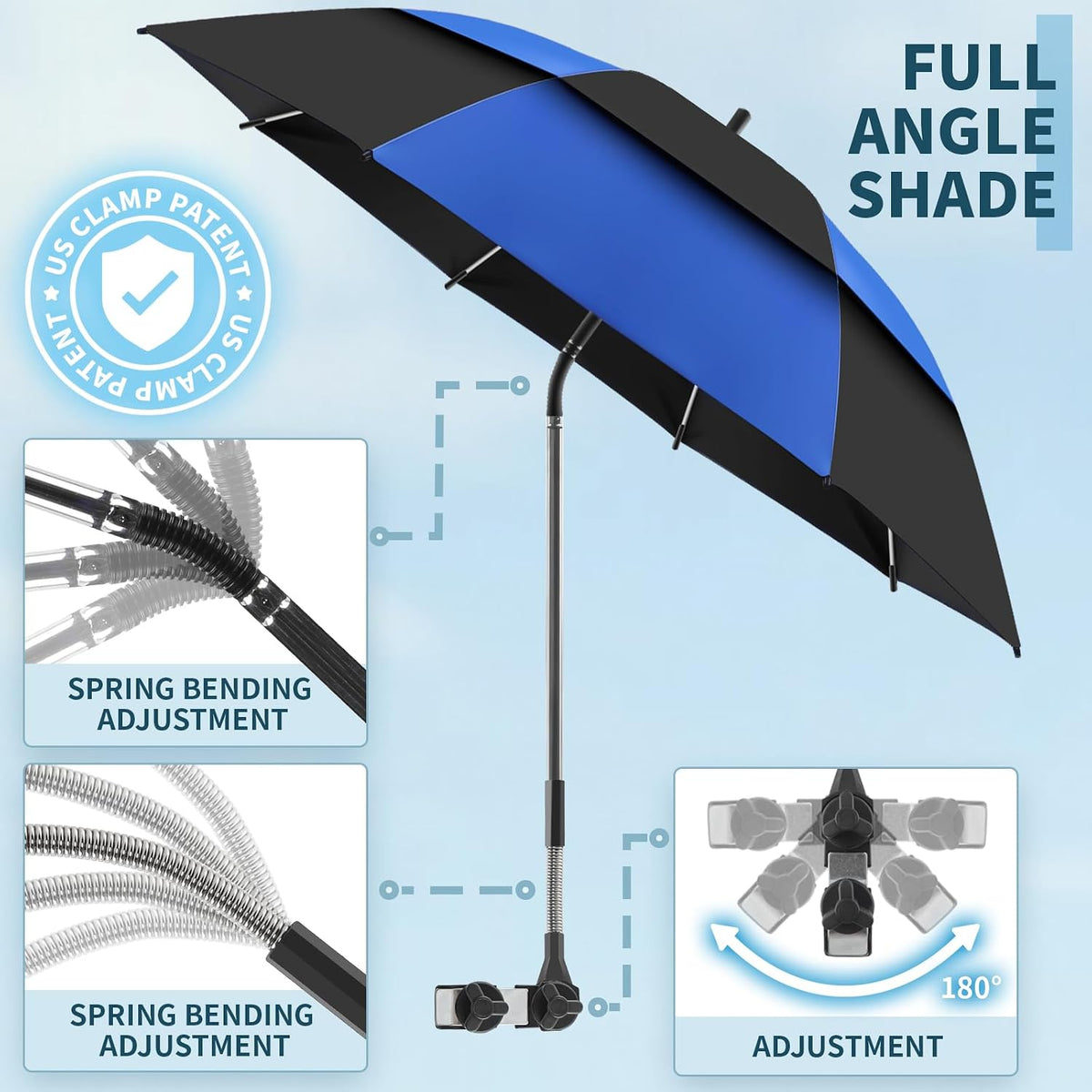 48.6" double canopy beach umbrella with clamp, upf50+, close-up detail