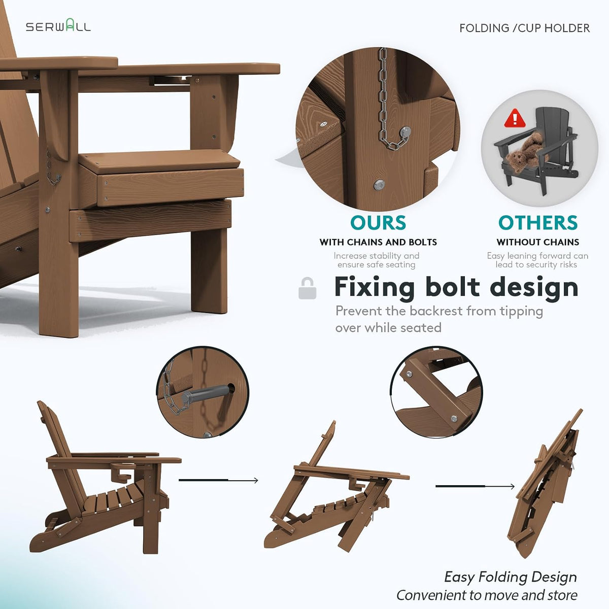 SERWALL Outdoor Adirondack Chair Set of 2 with Cup Holders,Foldable,Brown