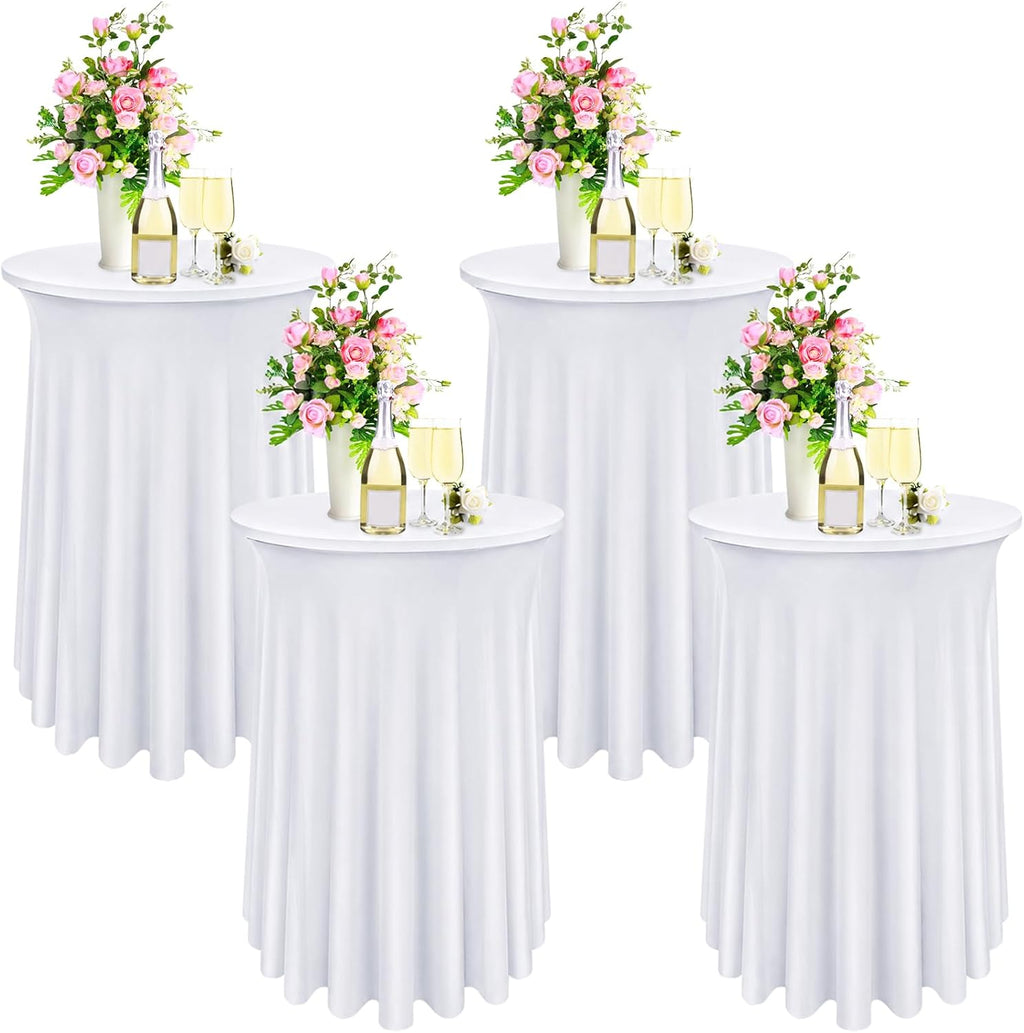 Bekith 4 Pack Round Spandex Stretch Cocktail Tablecloths with Natural Wavy, 32 x 43 Inch Cocktail Table Covers Round Table Skirt Fitted High Top Table Bar for Party Wedding Birthday Banquet (White)