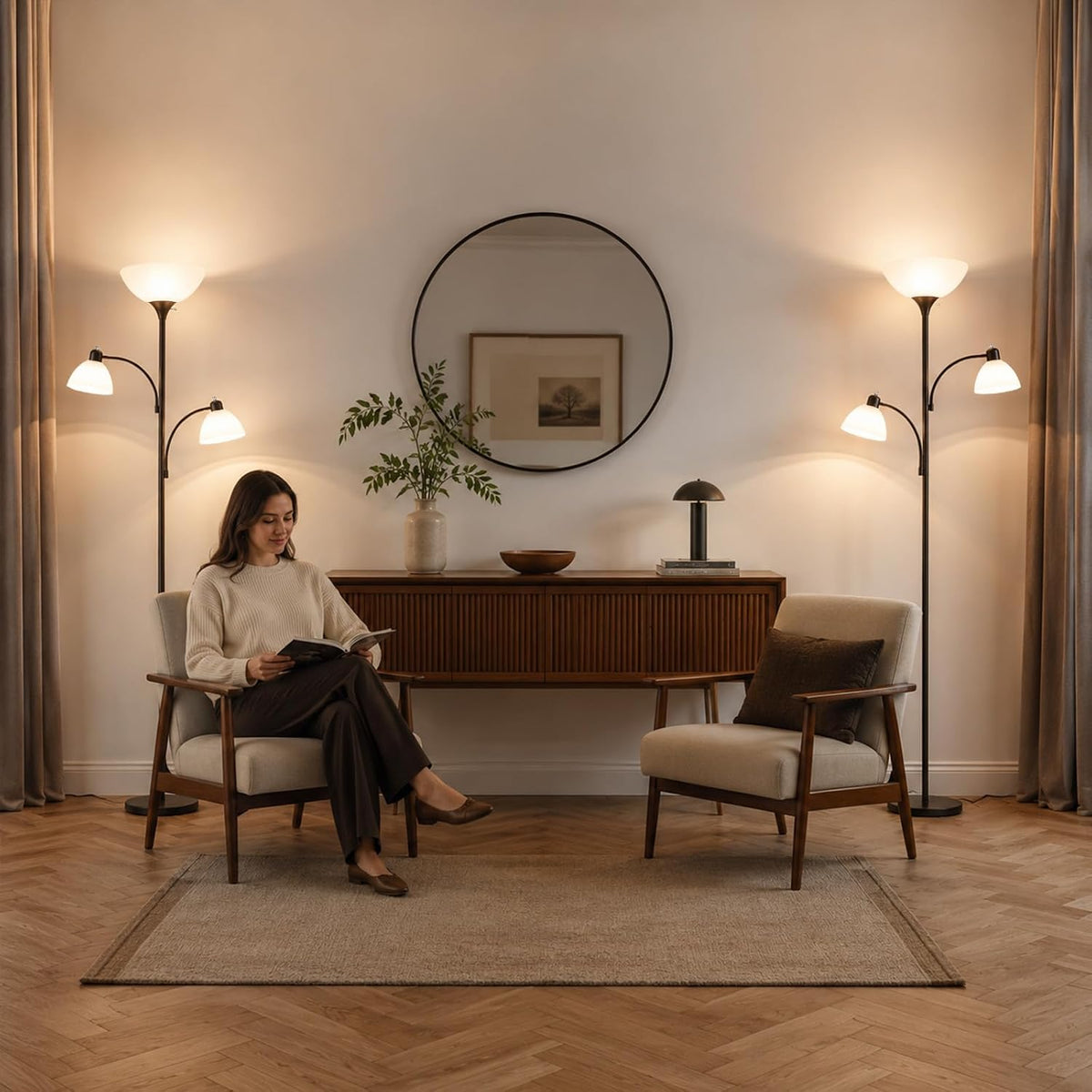 3-Head Torchiere Floor Lamps with 2 Reading Lamp for Living Room-Brown