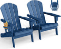 GREENVINES Folding Adirondack Chairs Set of 2 w/Cup Holder, HDPE, Blue