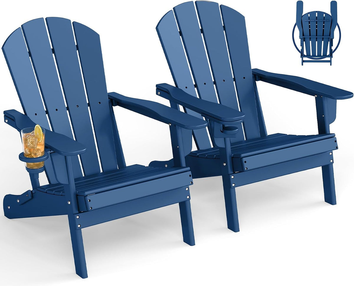 GREENVINES Folding Adirondack Chairs Set of 2 w/Cup Holder, HDPE, Blue