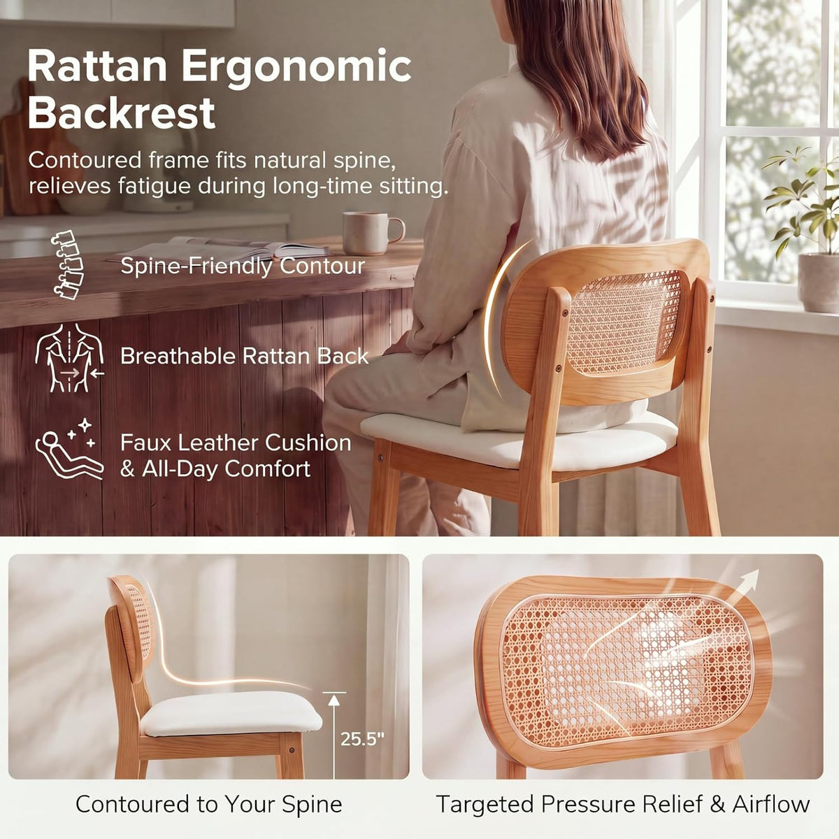 EALSON Rattan Counter Height Bar Stools Set of 3 Modern Farmhouse Barstools with Cane Backs 26 Inch Wood Counter Stool Breakfast Upholstered Bar Chairs for Kitchen Island, Leather White