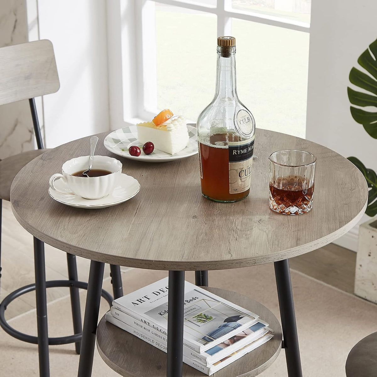 GNIXUU 3 Piece Bar Table Set, 2-Tier Round Pub Dining Set Wooden Bistro Table with 2 PU upholstered Stools Counter Height Kitchen Table Set for Breakfast Nook, Restaurant, Small Space(Grey)
