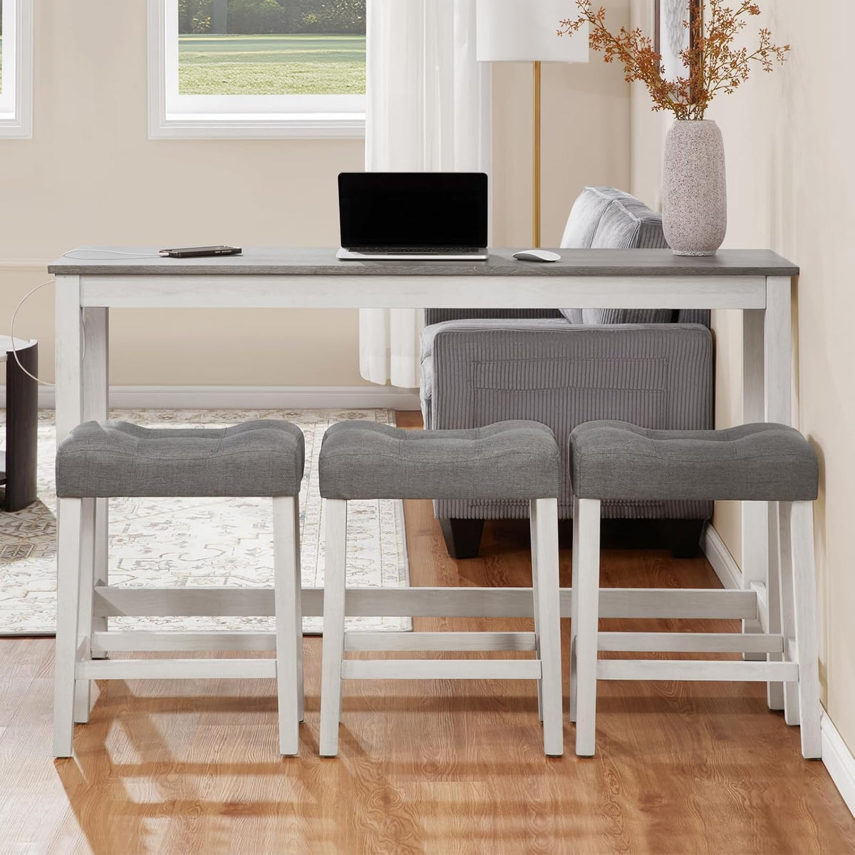 Merax 59 inch Bar Table Set with Power Outlet USB/Type-C, Behind Couch Table with 3 Padded Stools for Kitchen, Living Room, White & Grey