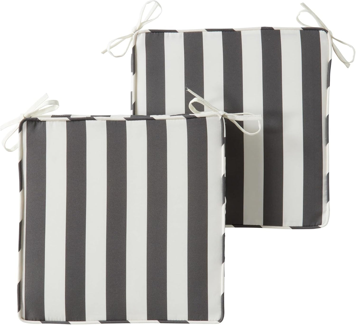 Outdoor 18 inch Square Patio Dining Chair Pads – Comfortable Fiber-Filled Seat Cushions with Ties, Reversible Polyester Fabric - Canopy Stripe Gray, Set of 2