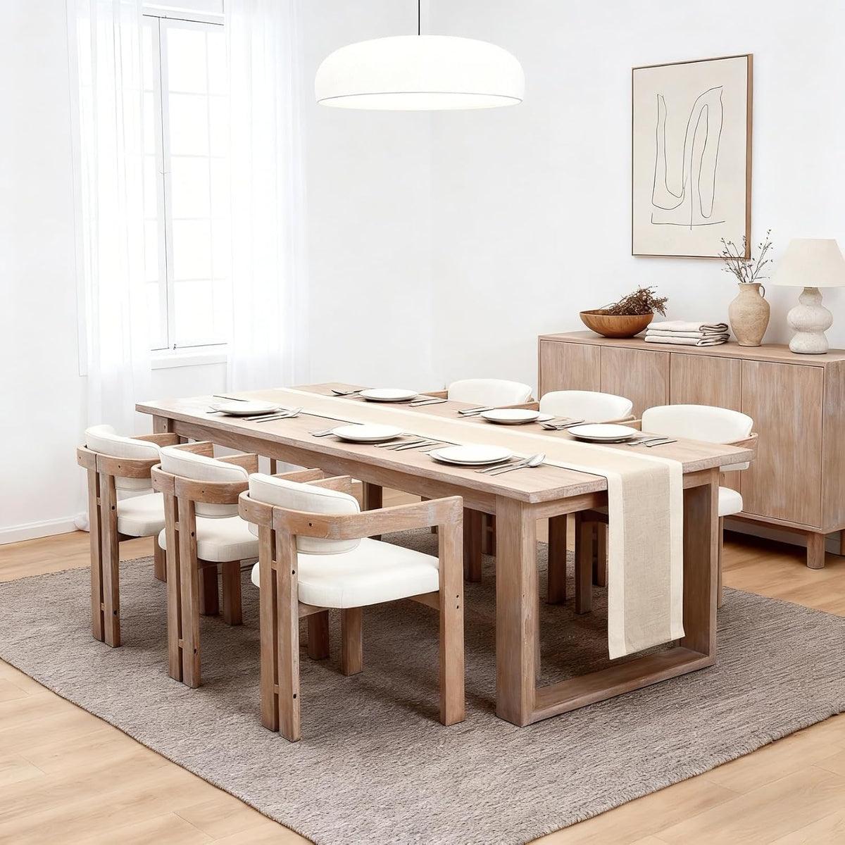 chairus Modern Barrel Dining Chairs Set of 6, Linen Upholstered Barrel Dining Room Chairs with Arm & Curved Back, Farmhouse Natural Wood Side Kitchen Chairs for Restaurant, Beige Fabric