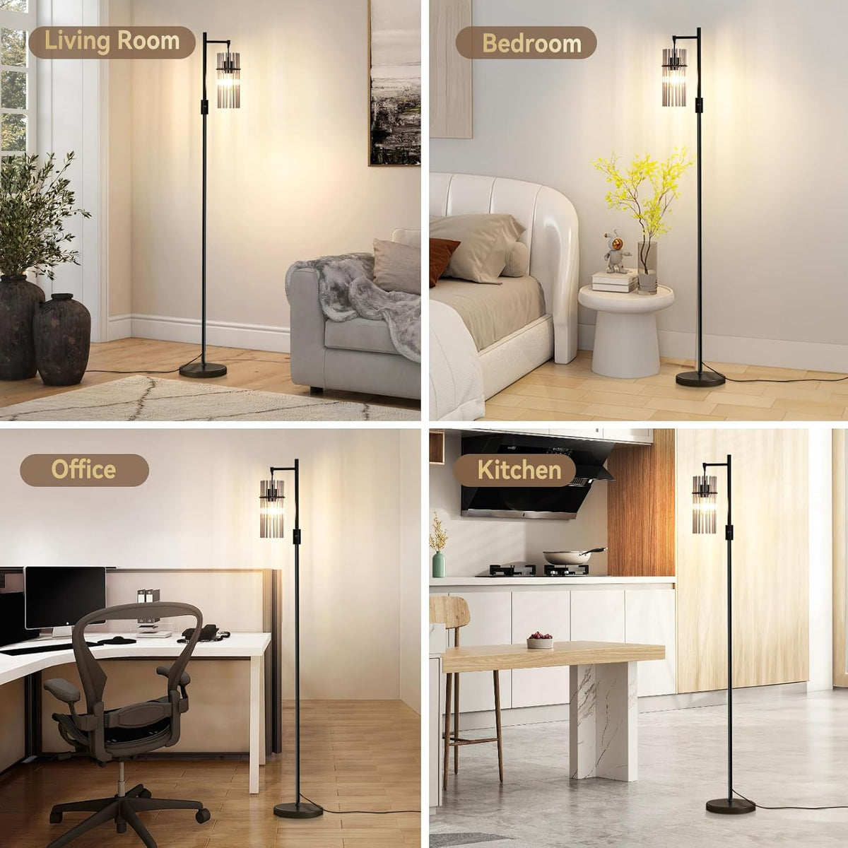 Industrial 66" Tall Modern Floor Lamp for Living Room Dimmable Glass Black