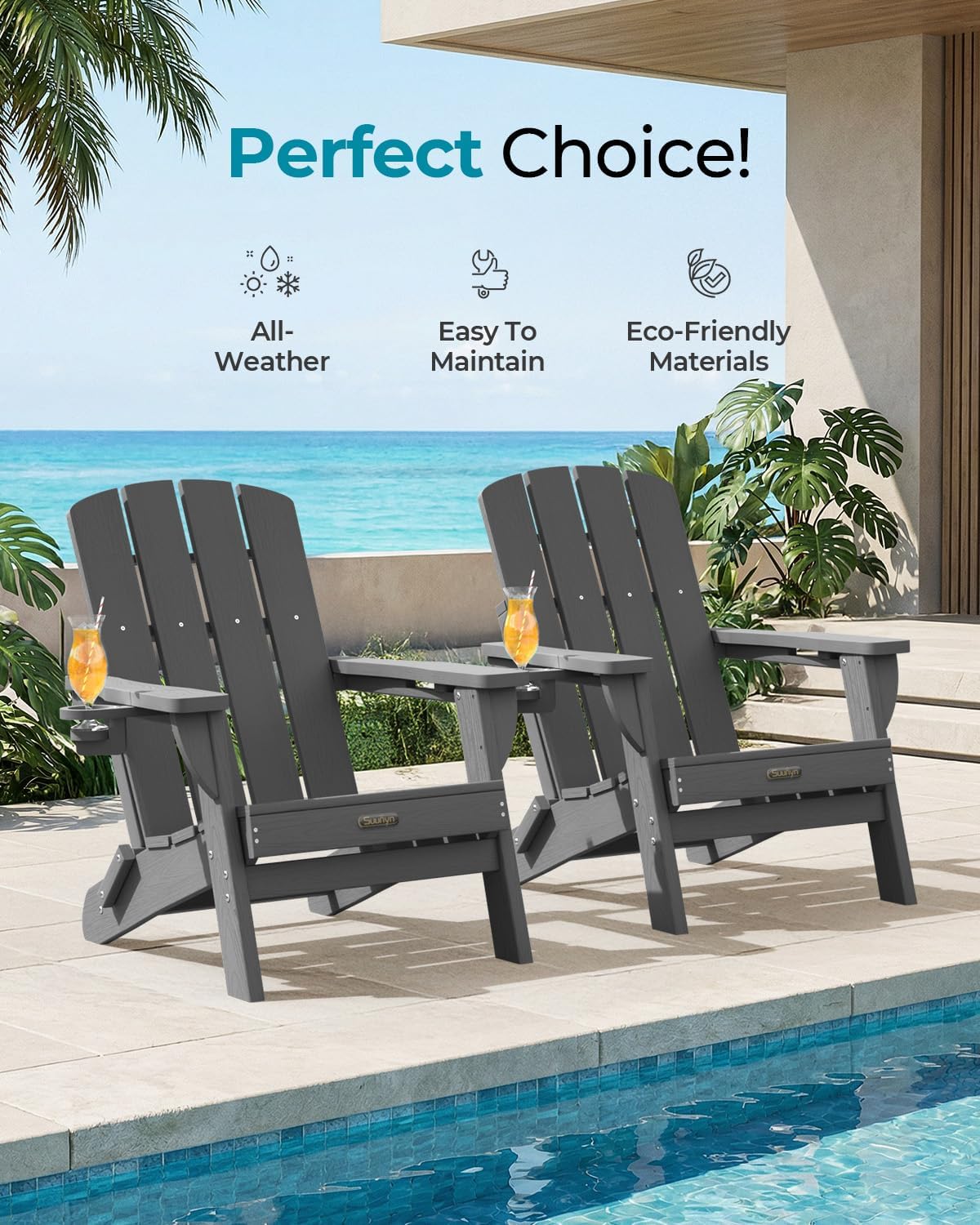Folding Adirondack Chair Set of 4, HDPE Adirondack Chairs with 2 Cup Holder, Plastic All-Weather Fire Pit Chairs, Outdoor Lawn Chair for Patio Garden (Grey)