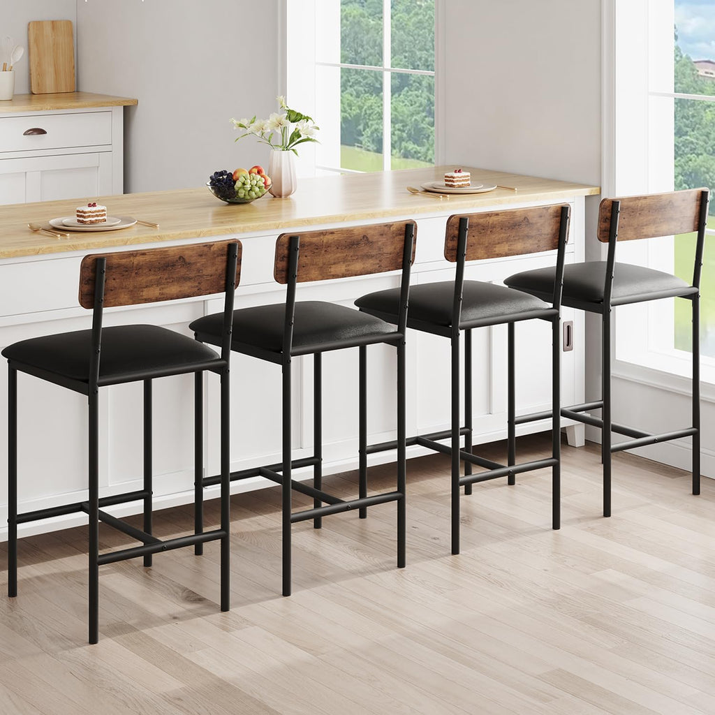 GarveeHome Bar Stools Set of 4, Upholstered Counter Height Bar Stools with Backrest and Footrest, Kitchen Barstools for Island, Counter Bar, Easy Assembly, Rustic Brown