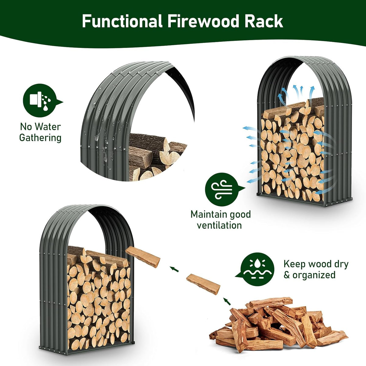 ANLEOLIFE Arch Tall Outdoor Firewood Rack with Corrugated Steel Roof