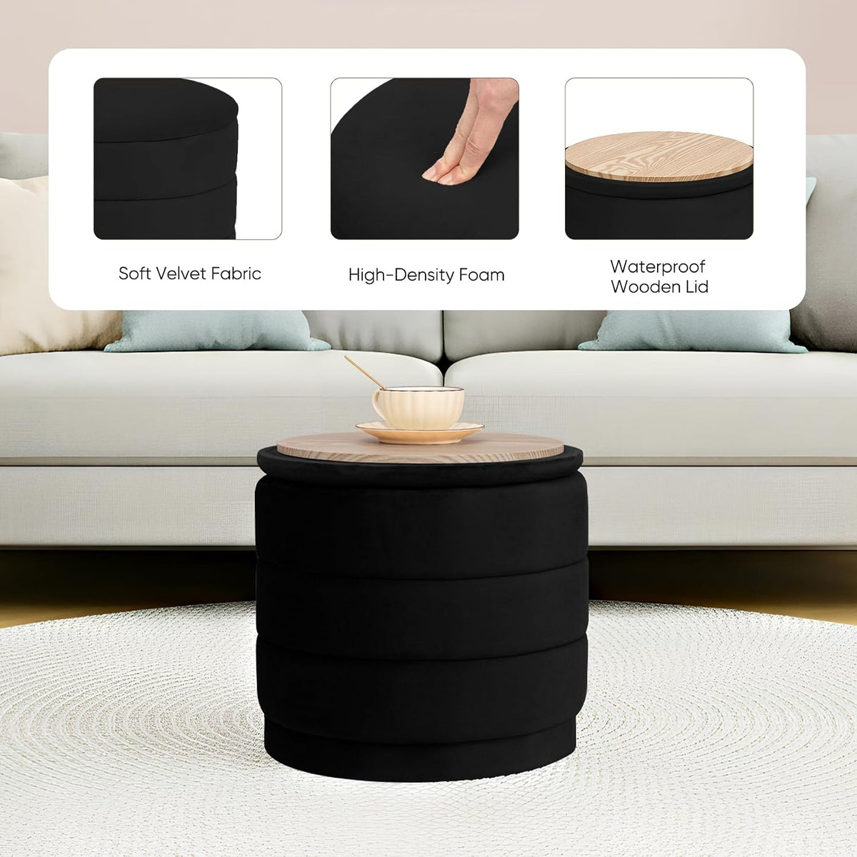 15.4" Round Velvet Storage Ottoman with Reversible Lid, Upholstered Circular Ottoman Footrest with Hidden Storage, Foldable Padded Footstool for Dorm Living Room & Bedroom, Black